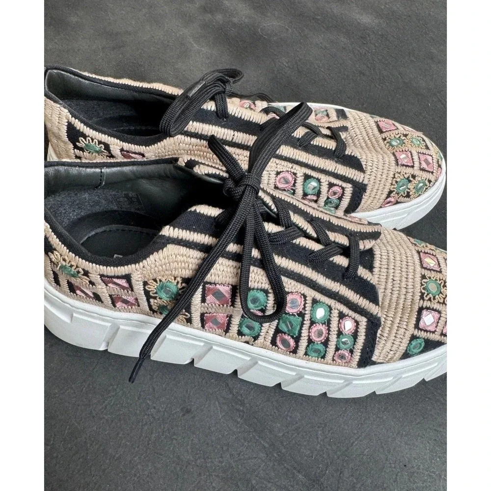 Free People Embroidered Mirror Sneakers Tan Black Multi Boho Platform 38